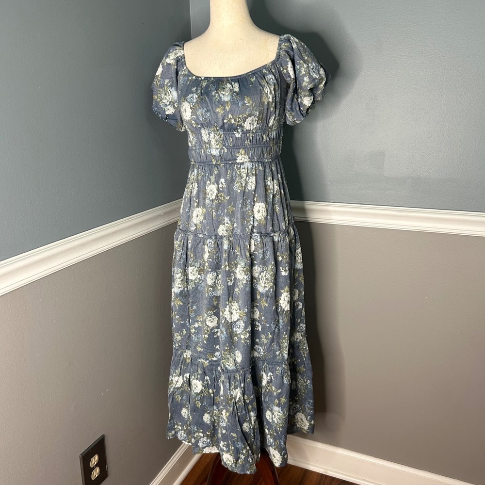 Audrey Parks Francesca's Blue Floral Smocked Midi Dress Puff Sleeve Small